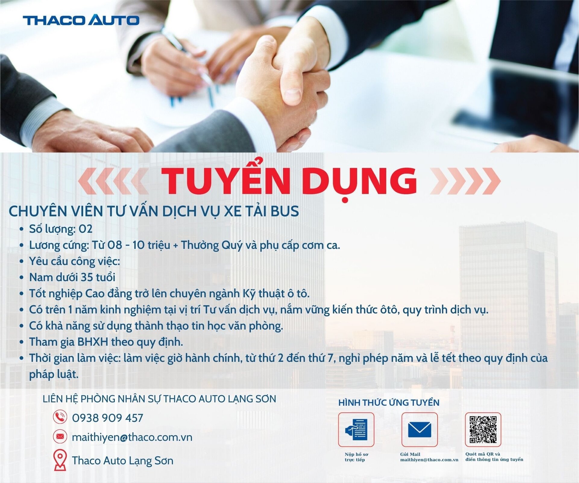 THACO AUTO LẠNG SƠN TUYỂN DỤNG CHUYÊN VIÊN TƯ VẤN DỊCH VỤ XE TẢI BUS