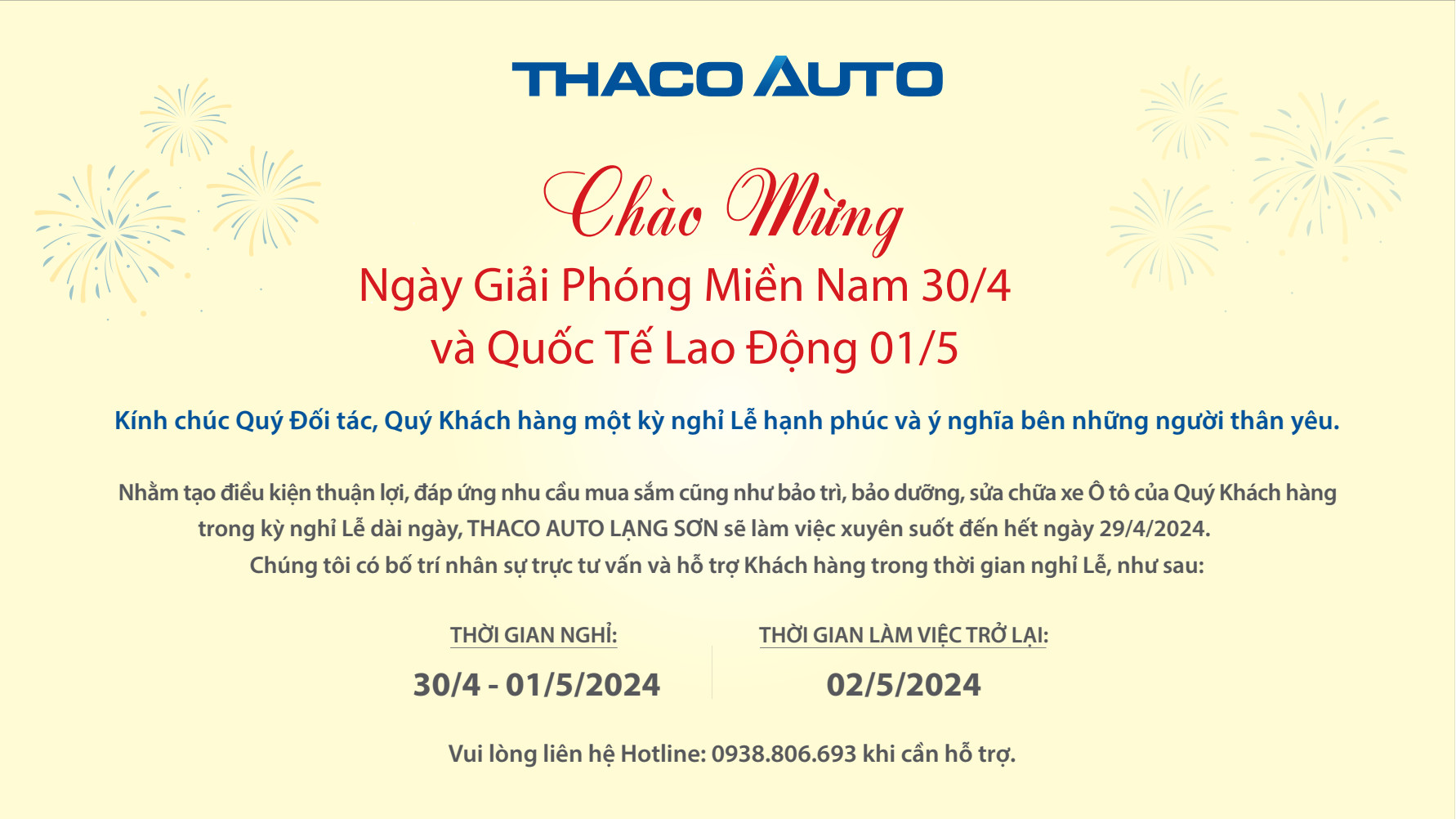 THÔNG BÁO LỊCH LÀM VIỆC 30/04/2024 - 01/05/2024